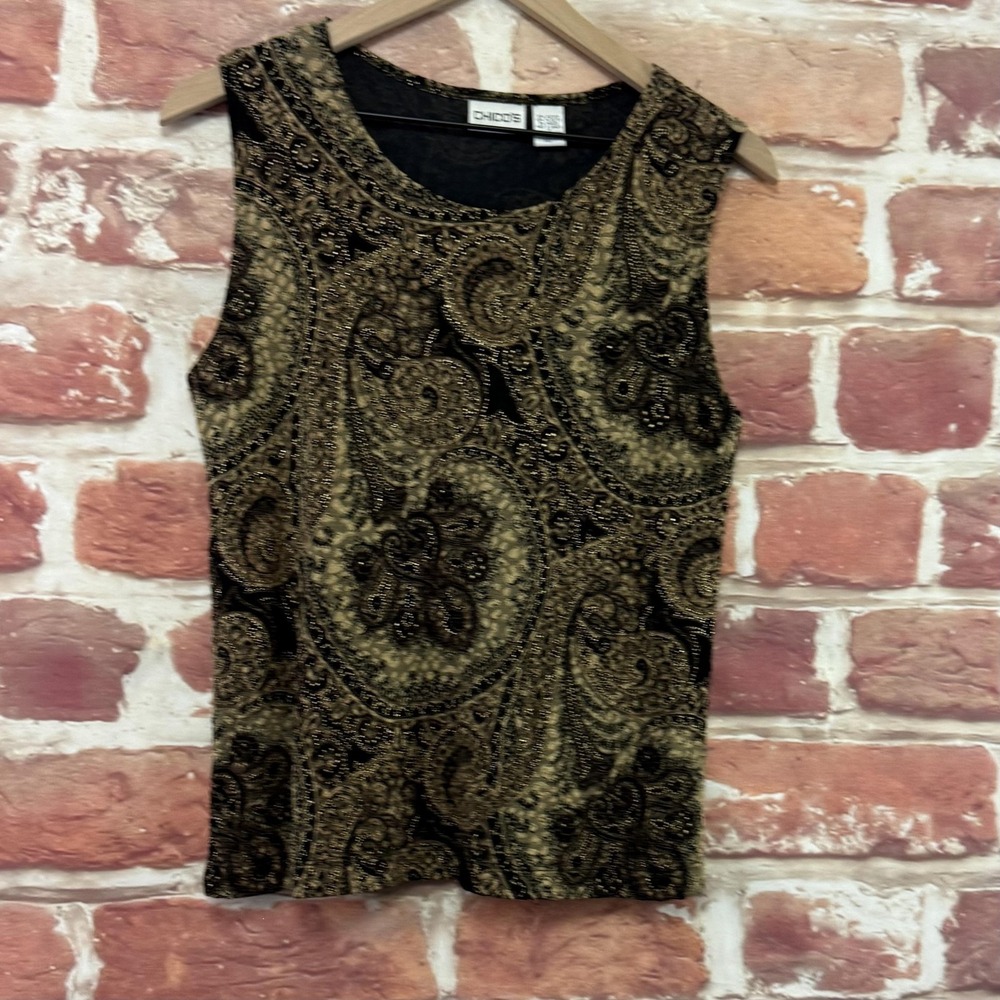Chicos Top Women's M Black Boho Paisley Floral Stretchy Camisole Tank Shirt - Picture 2 of 8